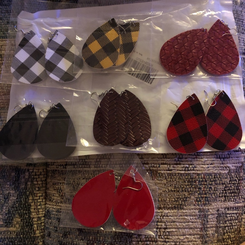 Mixed Teardrop Leather & Plaid Earrings Set - Red, Black, Brown, Yellow, White